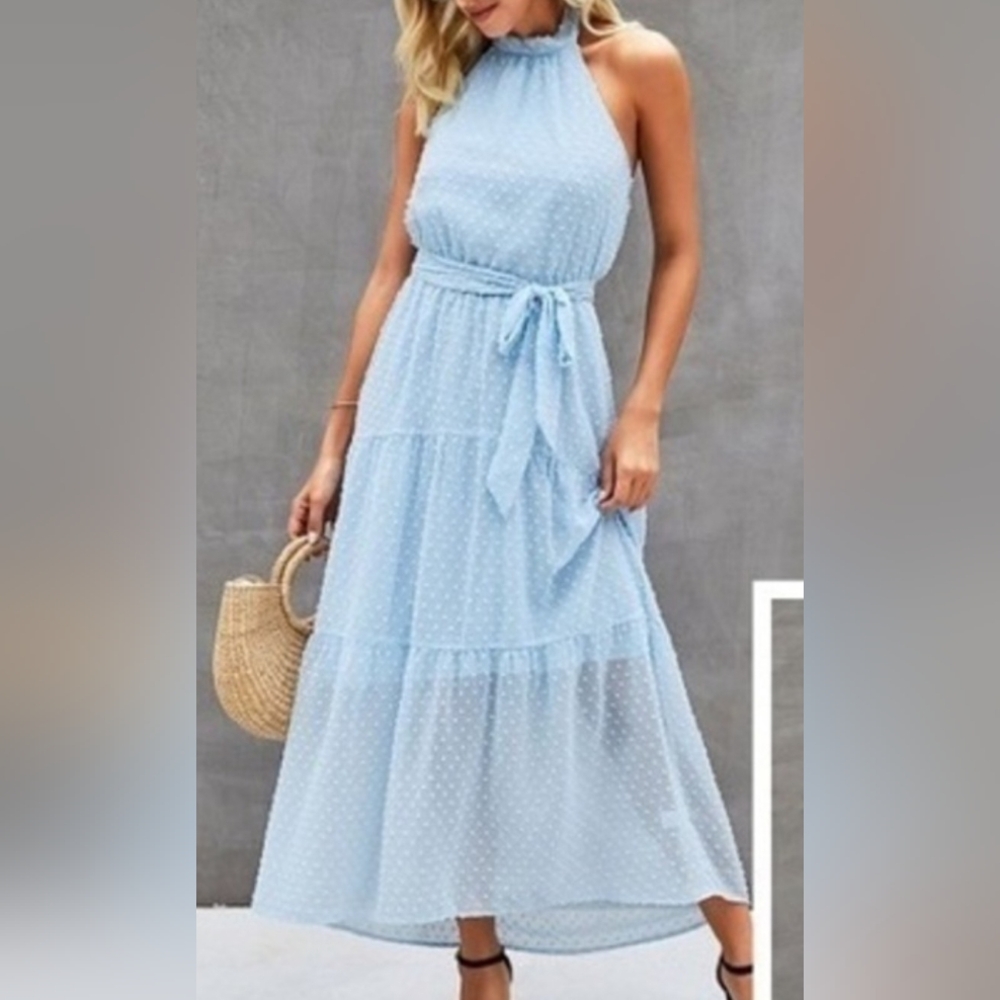 Halter Swiss Dot Long Maxi Dress Casual Sleeveless Dress - Light Blue